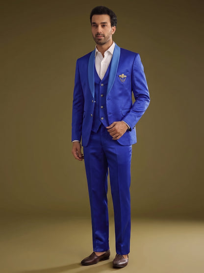 Club AK Men's Stylish Royal Blue Three Piece Suit for Men with Satin Lapel Blazer, Waistcoat and Formal Pants | Premium Wedding & Party Wear
