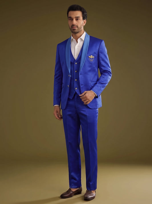 Club AK Men's Stylish Royal Blue Three Piece Suit for Men with Satin Lapel Blazer, Waistcoat and Formal Pants | Premium Wedding & Party Wear