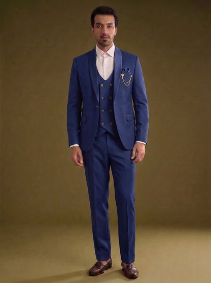 Club AK Men's Elegant Navy Blue Three Piece Suit for Men with Blazer, Waistcoat and Trouser | Premium Formal & Wedding Wear