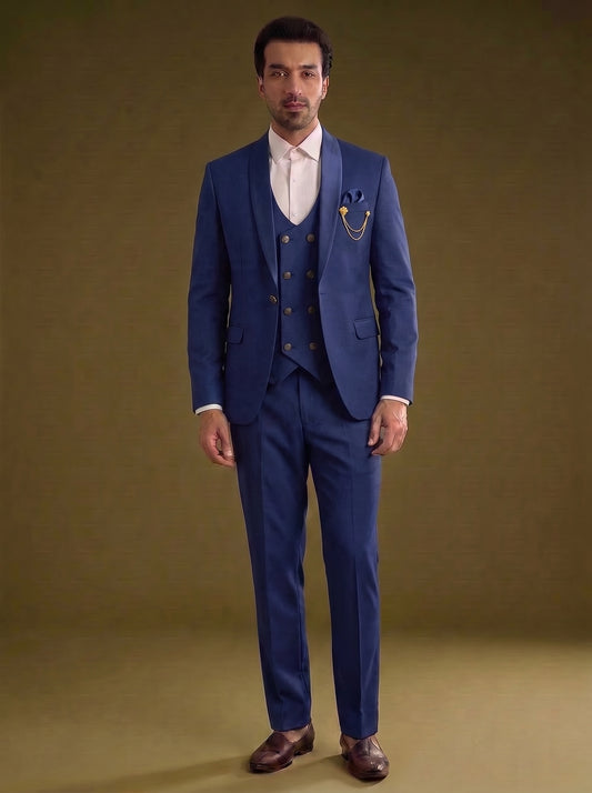 Club AK Men's Elegant Navy Blue Three Piece Suit for Men with Blazer, Waistcoat and Trouser | Premium Formal & Wedding Wear