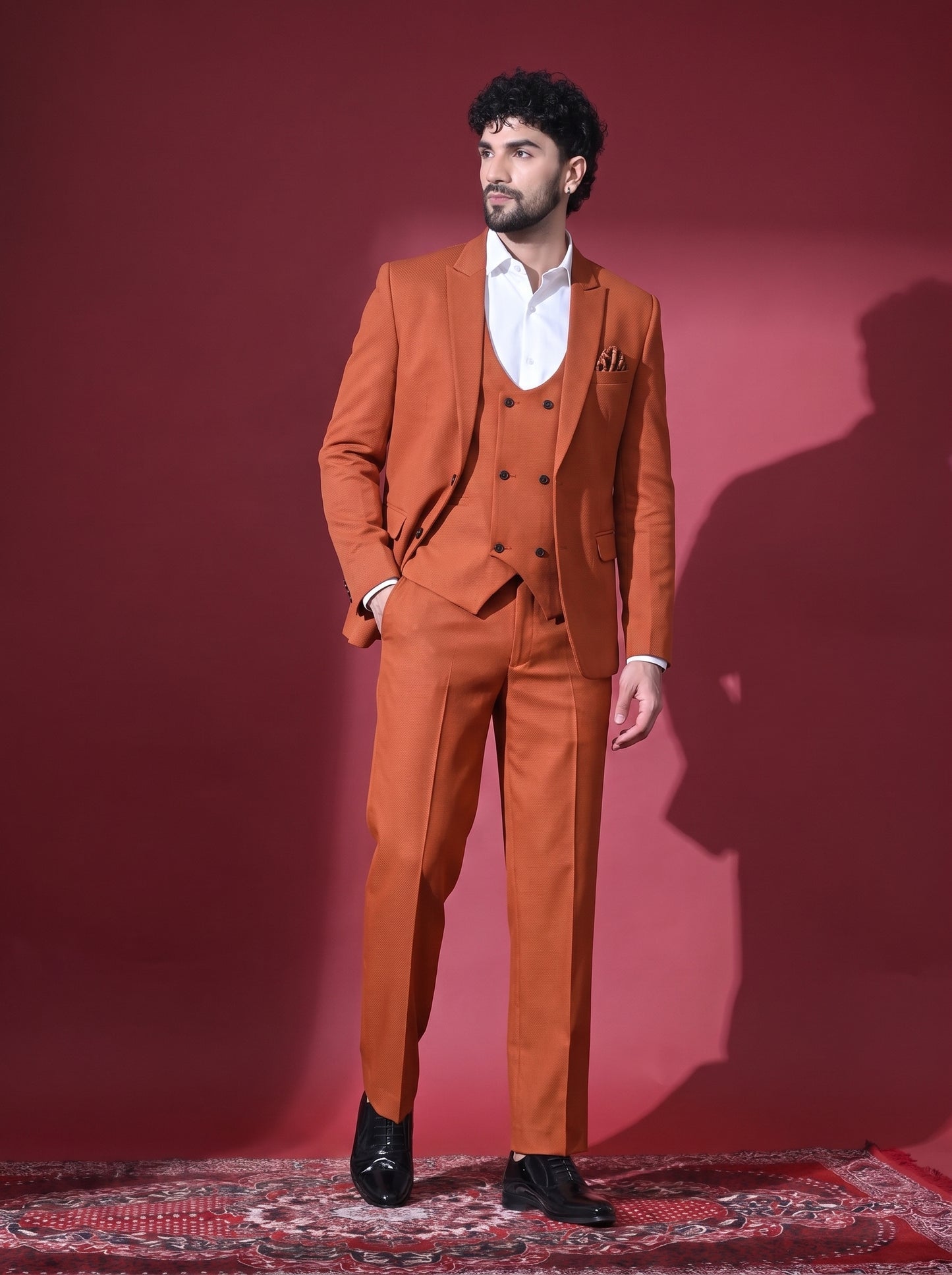 Club AK Men's Premium Rust Orange Wedding Suit for Men with Double Breasted Waistcoat and Formal Pants | Party Wear Blazer Set