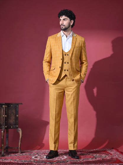 Club AK Men's Designer Mustard Windowpane Check 3 Piece Suit Set with Double Breasted Waistcoat | Luxury Party Wear Suit for Men