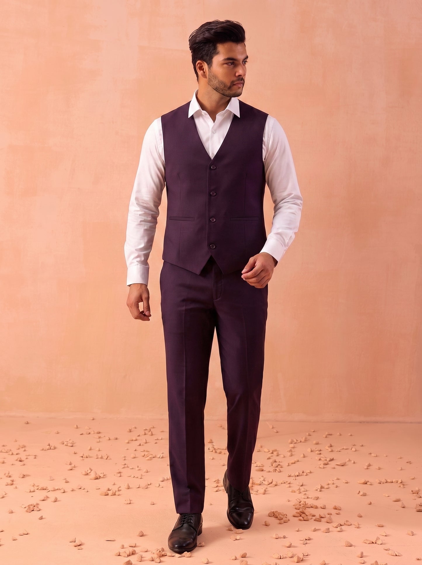 Club AK Men's Designer Wine Purple 3 Piece Suit with Waistcoat and Trouser for Wedding & Reception