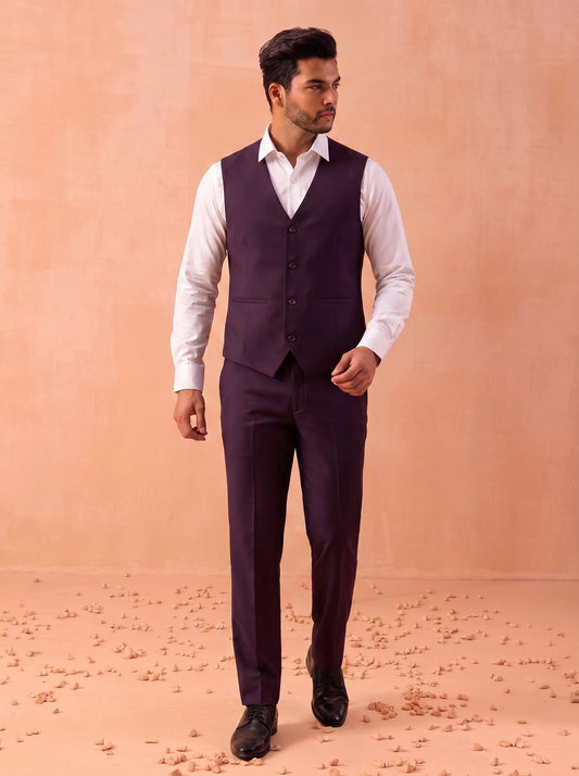 Club AK Men's Designer Wine Purple 3 Piece Suit with Waistcoat and Trouser for Wedding & Reception