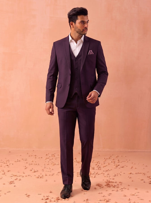 Club AK Men's Designer Wine Purple 3 Piece Suit with Waistcoat and Trouser for Wedding & Reception
