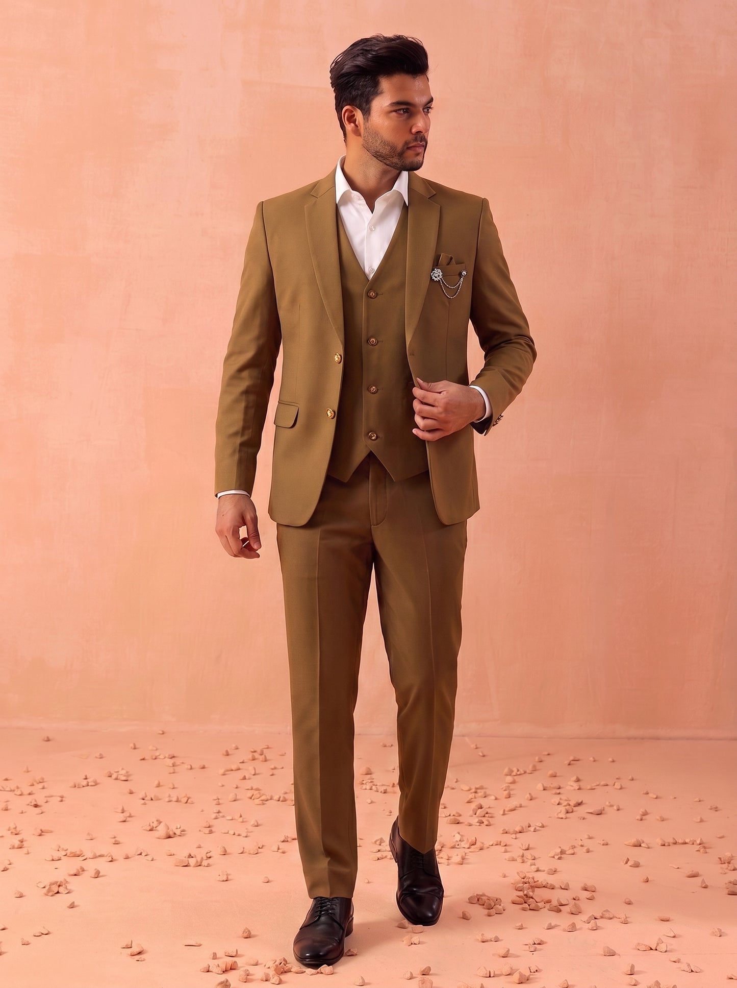 Club AK Men's Designer Brown 3 Piece Suit with Waistcoat, Blazer and Trouser for Wedding & Reception
