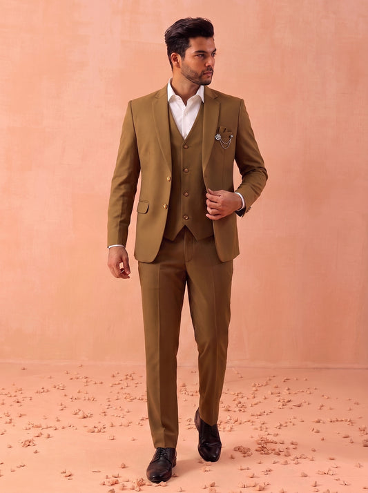 Club AK Men's Designer Brown 3 Piece Suit with Waistcoat, Blazer and Trouser for Wedding & Reception