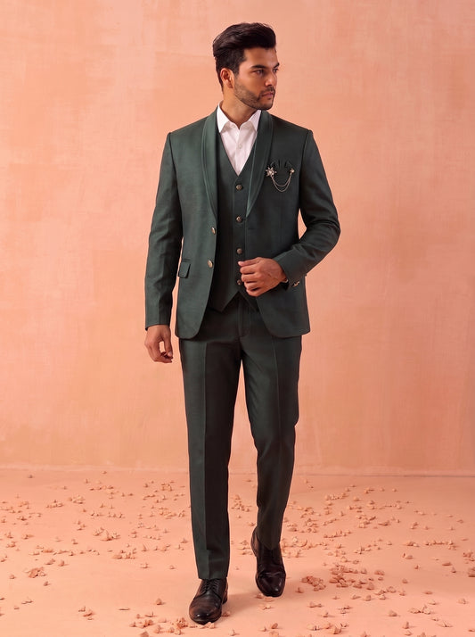 Club AK Men's Designer Dark Green 3 Piece Suit with Blazer, Waistcoat and Trouser for Wedding Wear