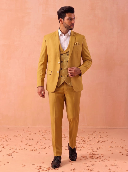Club AK Premium Mustard Yellow Three Piece Wedding Suit for Men with Blazer and Pants