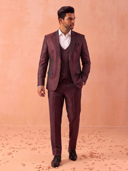 Club AK Men's Luxury Wine Color 3 Piece Suit with Blazer, Waistcoat and Pants for Wedding Wear