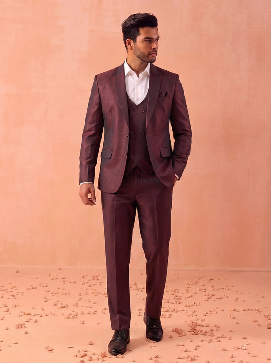 Club AK Men's Luxury Wine Color 3 Piece Suit with Blazer, Waistcoat and Pants for Wedding Wear