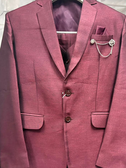 Club AK Men's Premium Wine Shimmer 3 Piece Suit for Men | Slim Fit Blazer, Waistcoat & Trouser Set