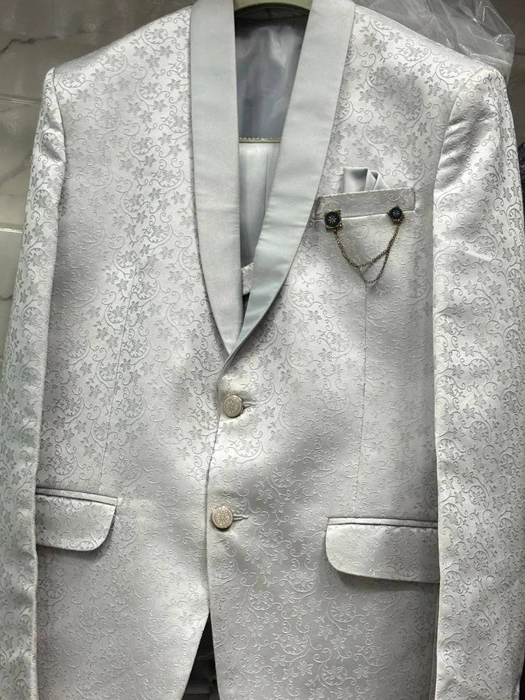 Club AK Men's Premium White Jacquard 3 Piece Tuxedo Suit for Men | Slim Fit Blazer, Double-Breasted Waistcoat and Trouser Set