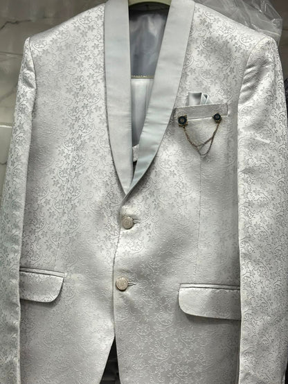 Club AK Men's Premium White Jacquard 3 Piece Tuxedo Suit for Men | Slim Fit Blazer, Double-Breasted Waistcoat and Trouser Set