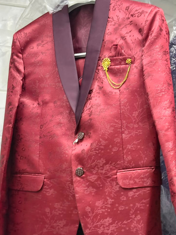 Club AK Men's Wine Red Jacquard 3 Piece Tuxedo Suit for Men | Premium Slim Fit Blazer, Waistcoat and Trouser Set