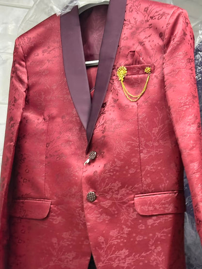 Club AK Men's Wine Red Jacquard 3 Piece Tuxedo Suit for Men | Premium Slim Fit Blazer, Waistcoat and Trouser Set