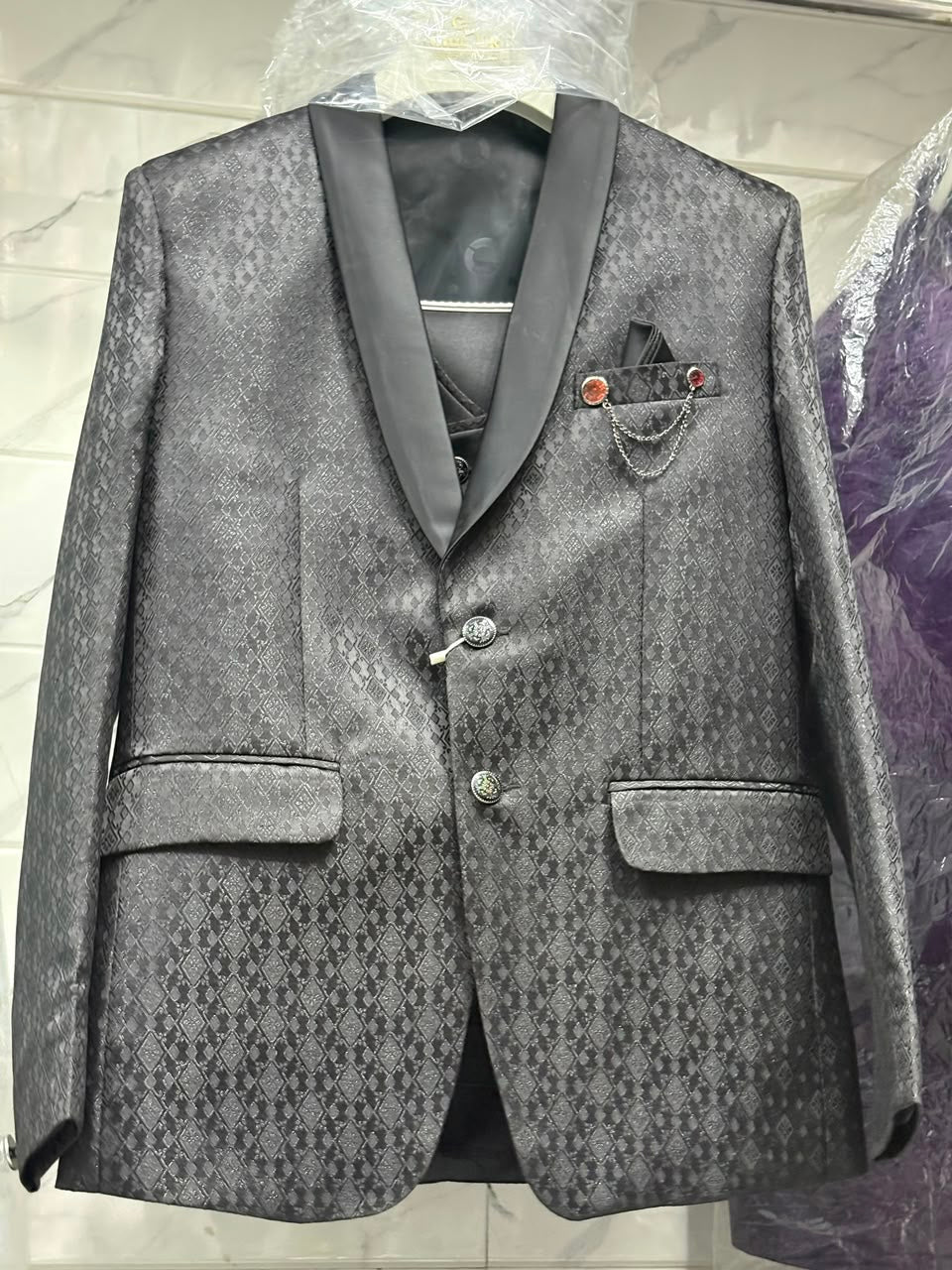 Club AK Men's Premium Charcoal Grey Jacquard 3 Piece Suit for Men