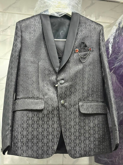 Club AK Men's Premium Charcoal Grey Jacquard 3 Piece Suit for Men