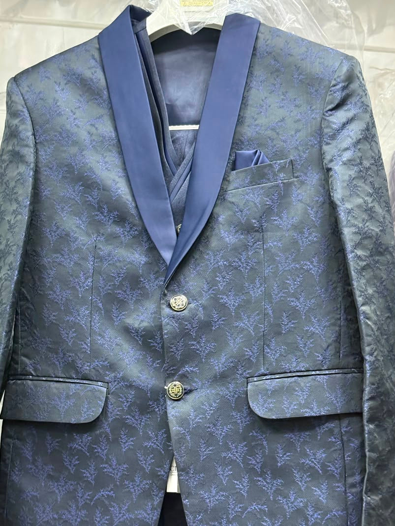 Club AK Men's Premium Navy Blue Jacquard 3 Piece Suit for Men