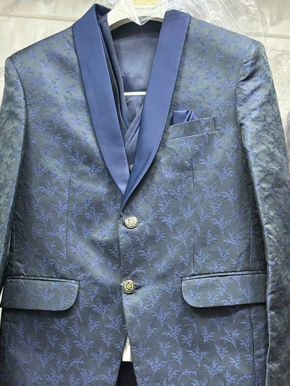 Club AK Men's Premium Navy Blue Jacquard 3 Piece Suit for Men