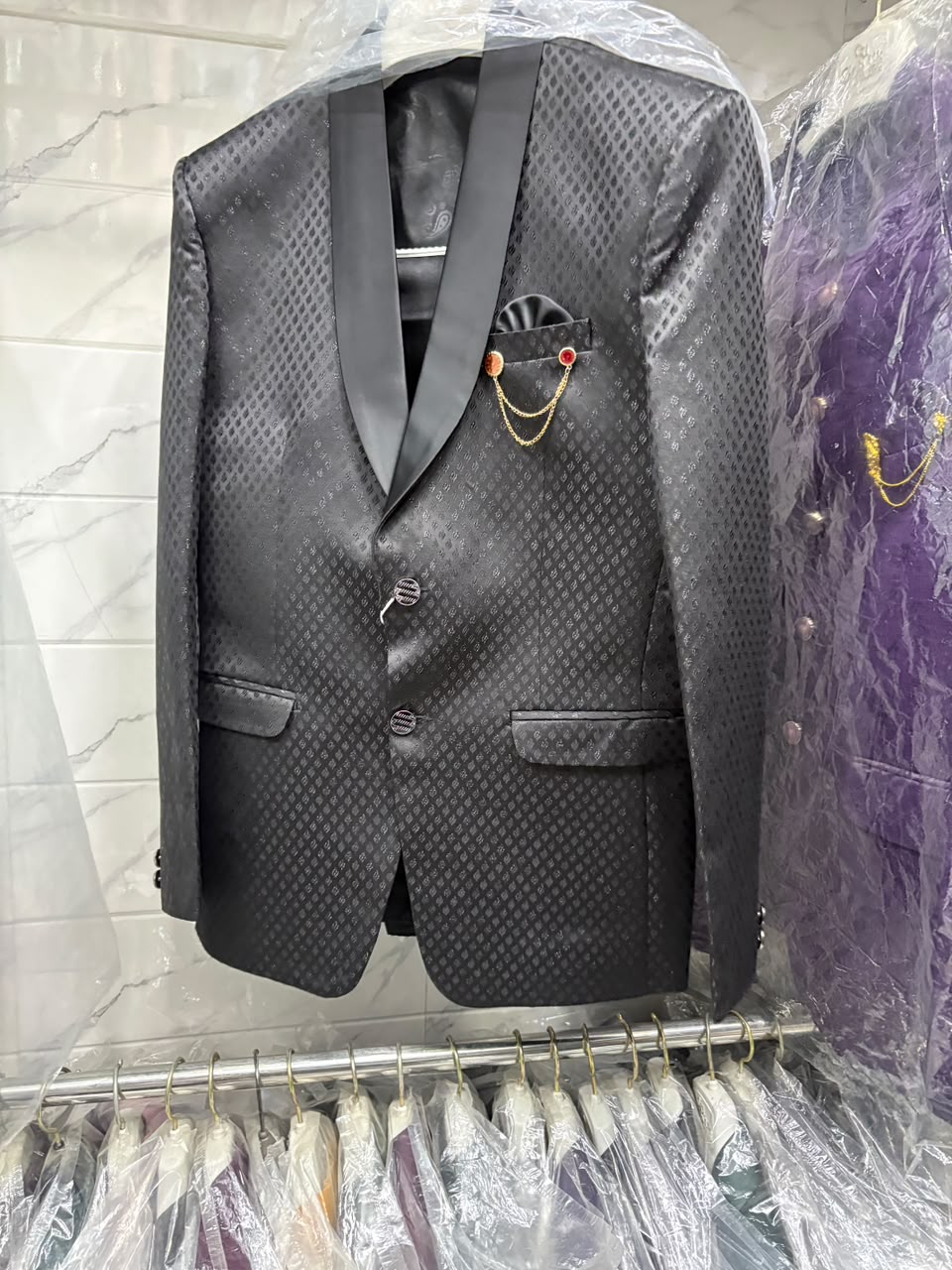 Club AK Men's Premium Black Jacquard 3 Piece Suit for Men