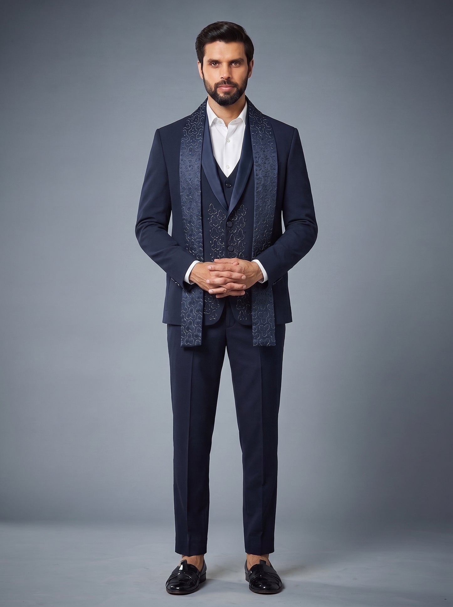 Club AK Men's Luxury Navy Blue Three Piece Tuxedo Suit with Designer Embroidered Stole