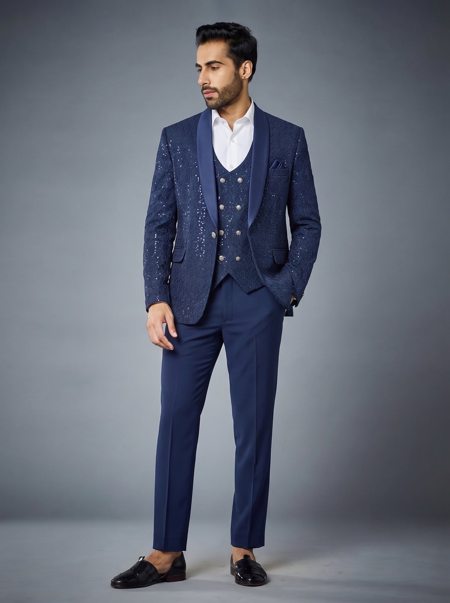 Club AK Men's Premium Navy Blue Sequin 3 Piece Suit | Luxury Wedding & Reception Wear