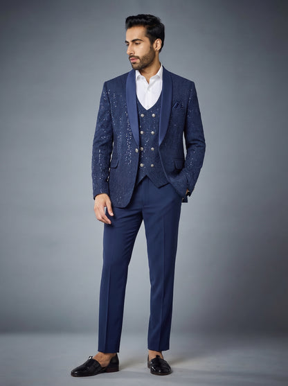 Club AK Men's Premium Navy Blue Sequin 3 Piece Suit | Luxury Wedding & Reception Wear
