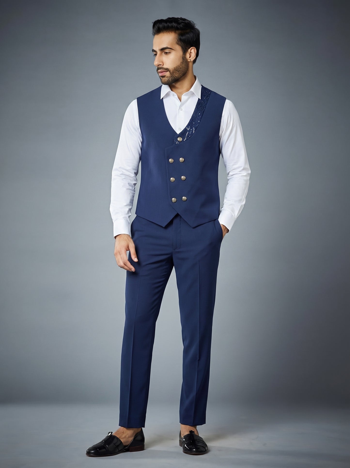 Club AK Men's Premium Navy Blue Sequin 3 Piece Suit | Luxury Wedding & Reception Wear