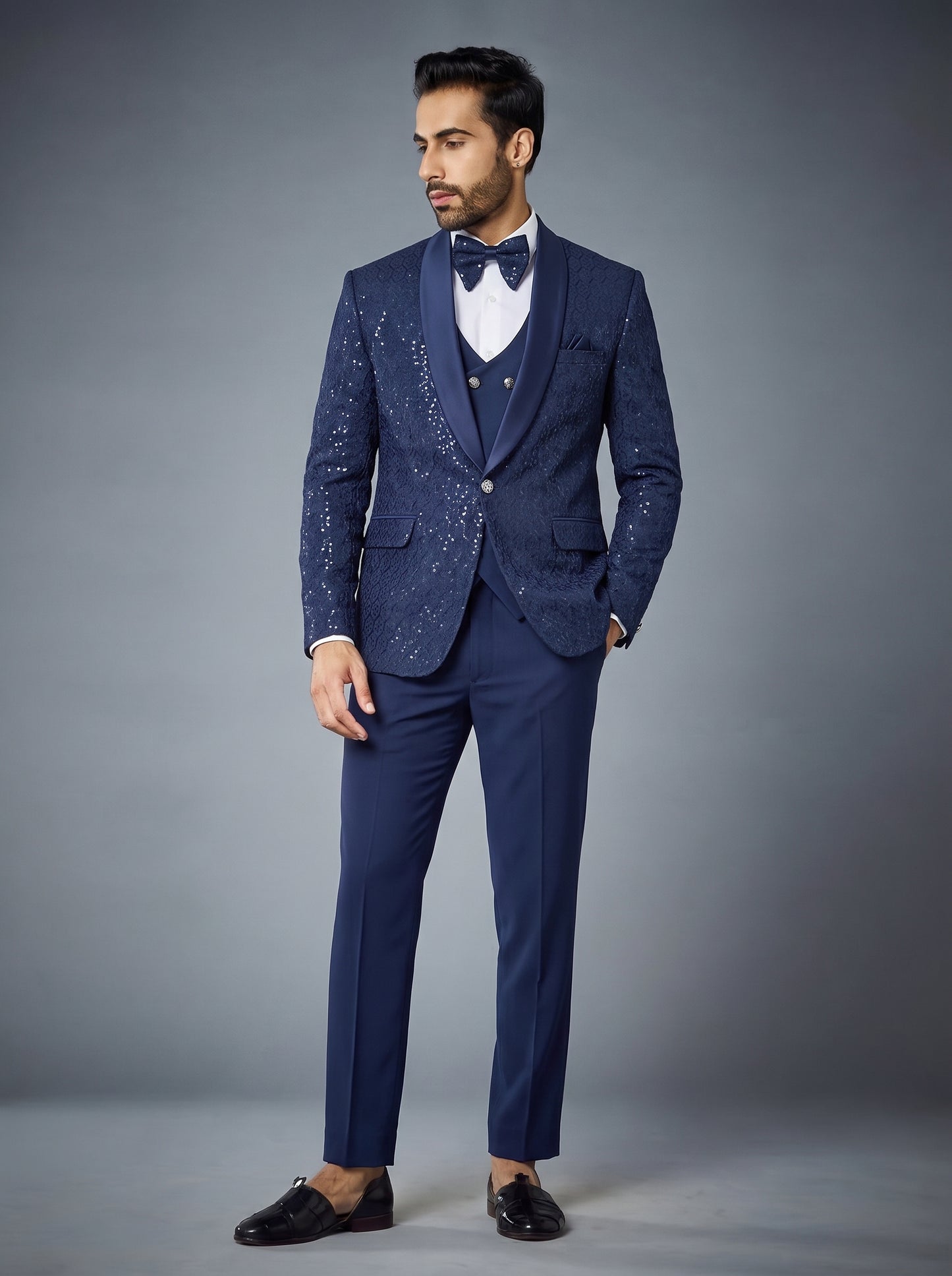 Club AK Men's Premium Navy Blue Sequin 3 Piece Suit | Luxury Wedding & Reception Wear