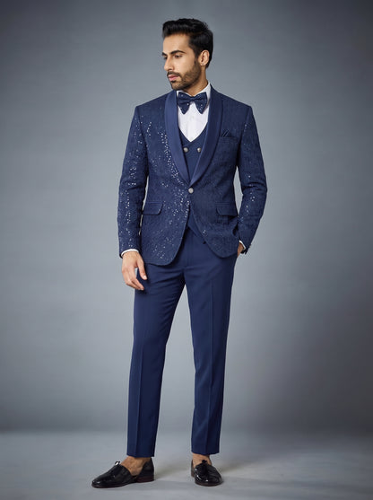 Club AK Men's Premium Navy Blue Sequin 3 Piece Suit | Luxury Wedding & Reception Wear
