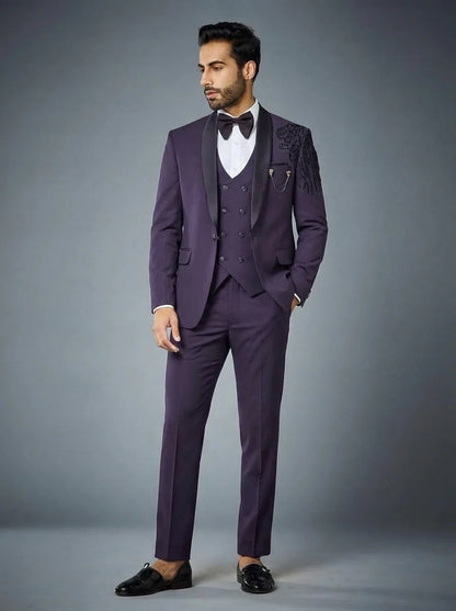 Club AK Men's Designer Tuxedo Suit with Embroidered Shoulder Design for Wedding & Party Wear