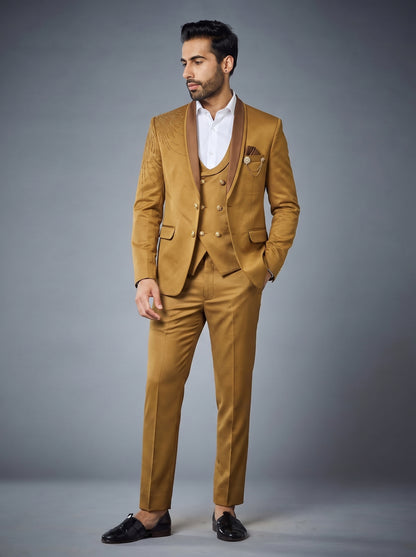 Club AK Men's Premium Mustard Gold Embroidered 3 Piece Suit | Luxury Wedding & Reception Wear