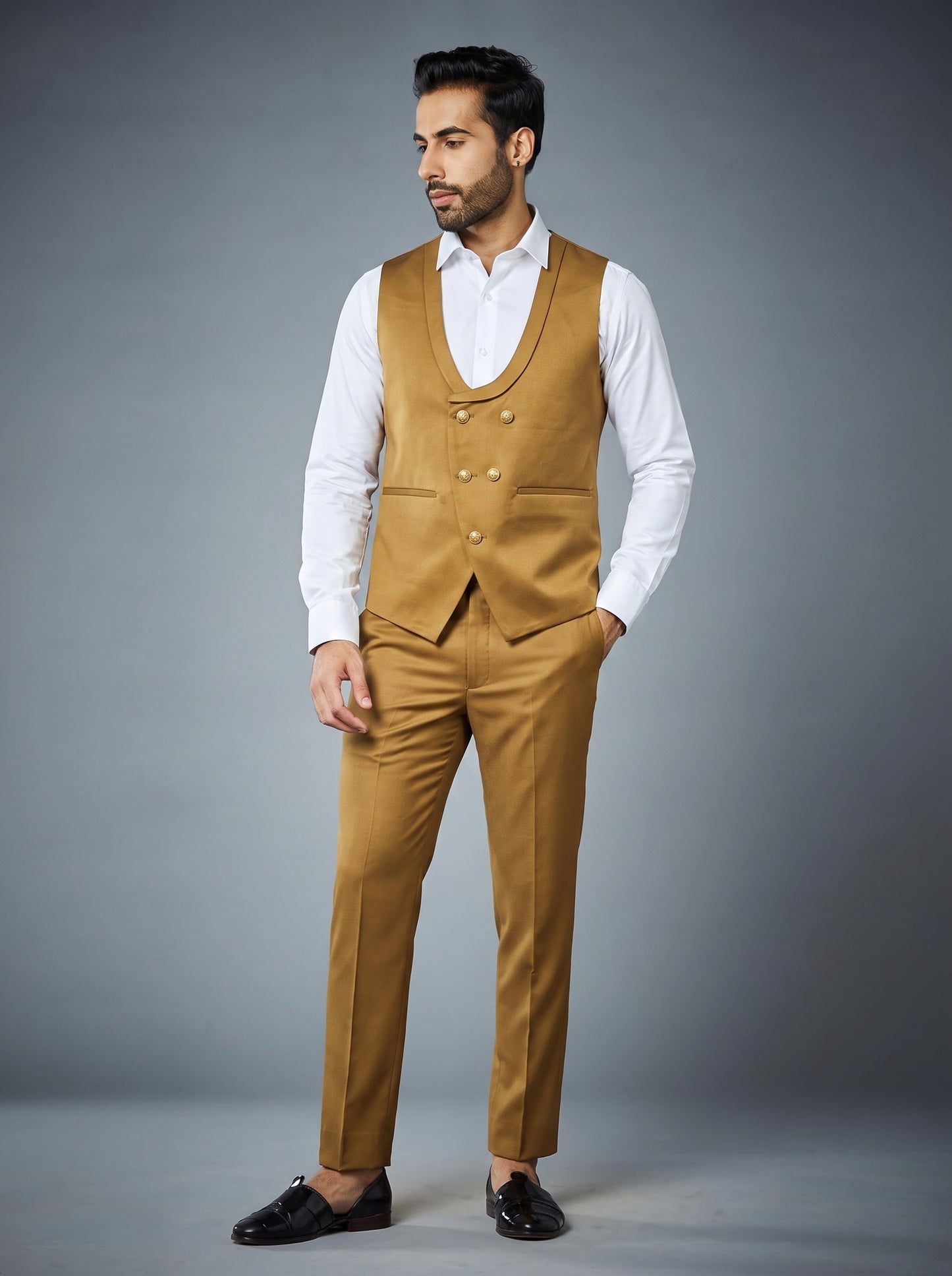 Club AK Men's Premium Mustard Gold Embroidered 3 Piece Suit | Luxury Wedding & Reception Wear