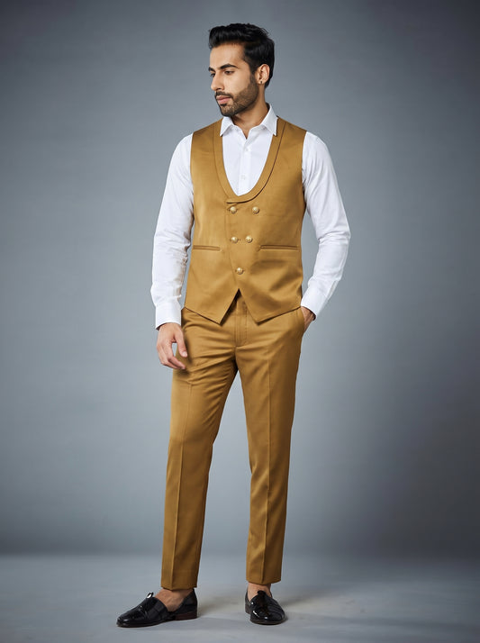 Club AK Men's Premium Mustard Gold Embroidered 3 Piece Suit | Luxury Wedding & Reception Wear