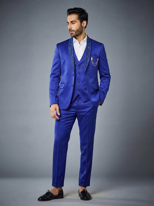 Club AK Men's Premium Royal Blue Embroidered 3 Piece Suit | Luxury Wedding & Reception Wear