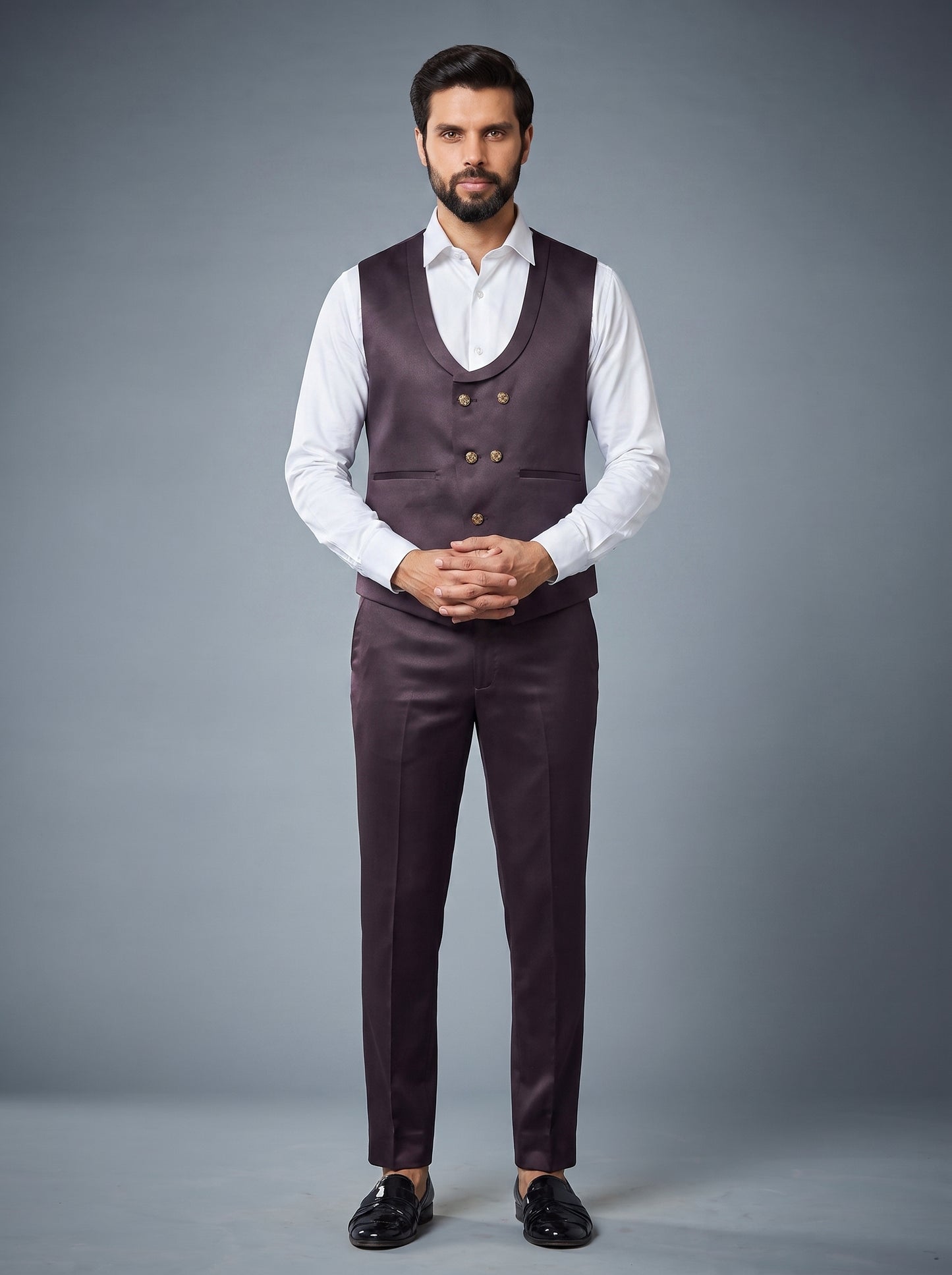 Club AK Men's Luxury Wine Three Piece Tuxedo Suit with Designer Embroidery