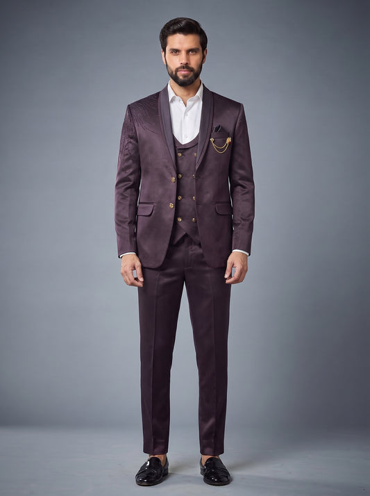 Club AK Men's Luxury Wine Three Piece Tuxedo Suit with Designer Embroidery