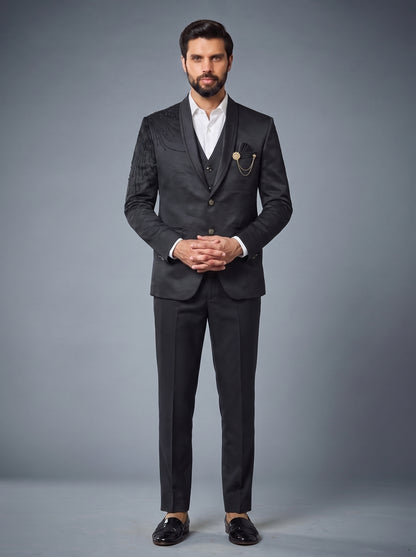 Club AK Men's Luxury Black Three Piece Tuxedo Suit with Embellished Shoulder Design