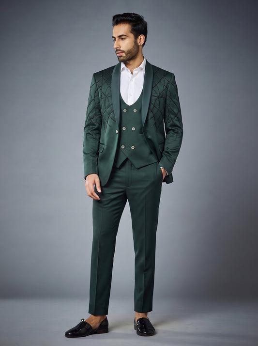 CLUB AK Men's Designer Three Pice Suit with Black Embroidered Pattern for Wedding & Party Wear