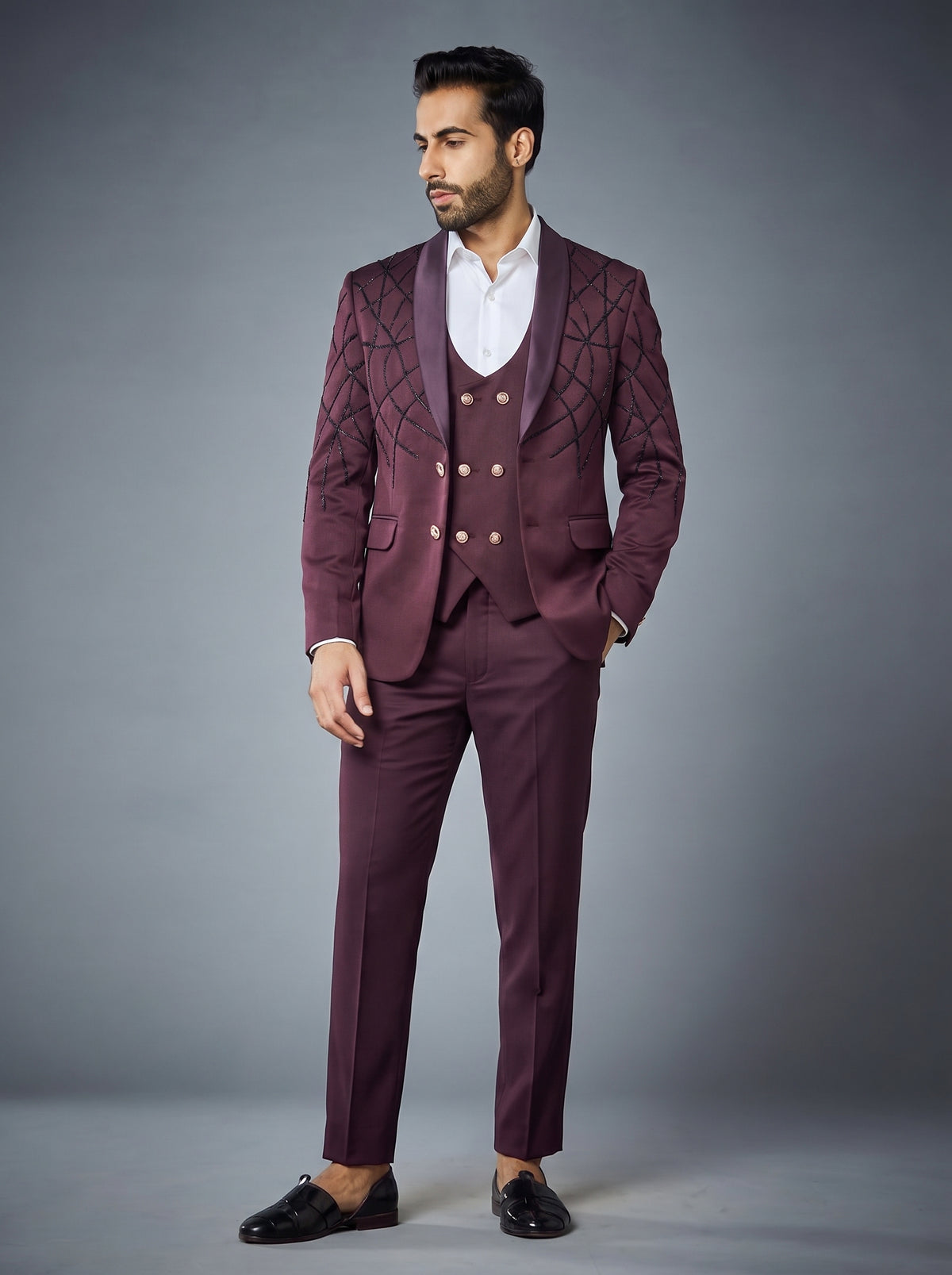 CLUB AK Men's Designer Three Pice Suit with Black Embroidered Pattern for Wedding & Party Wear