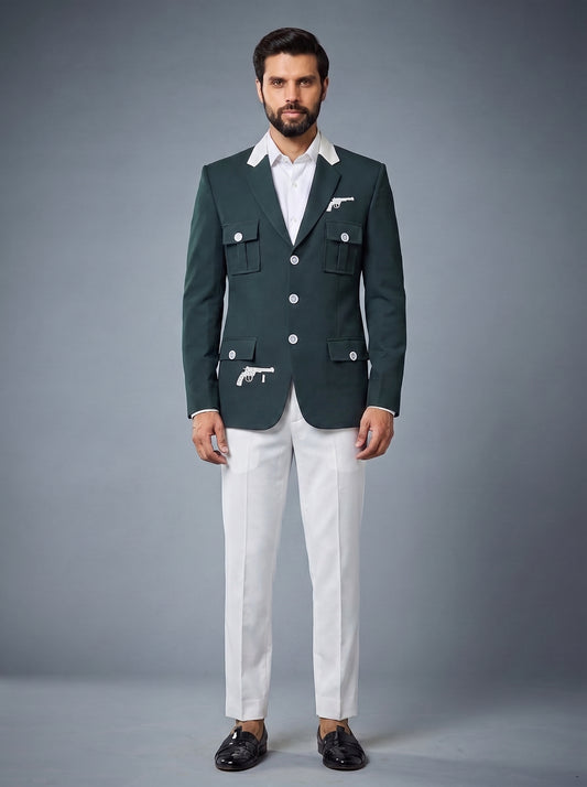 Club AK Men's Dark Green Statement Blazer with White Pants for Party and Wedding Wear