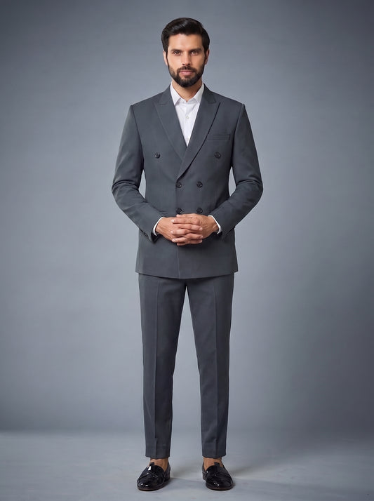 Club AK Men's Elegant Charcoal Grey Double-Breasted Suit for Wedding, Reception & Party Wear