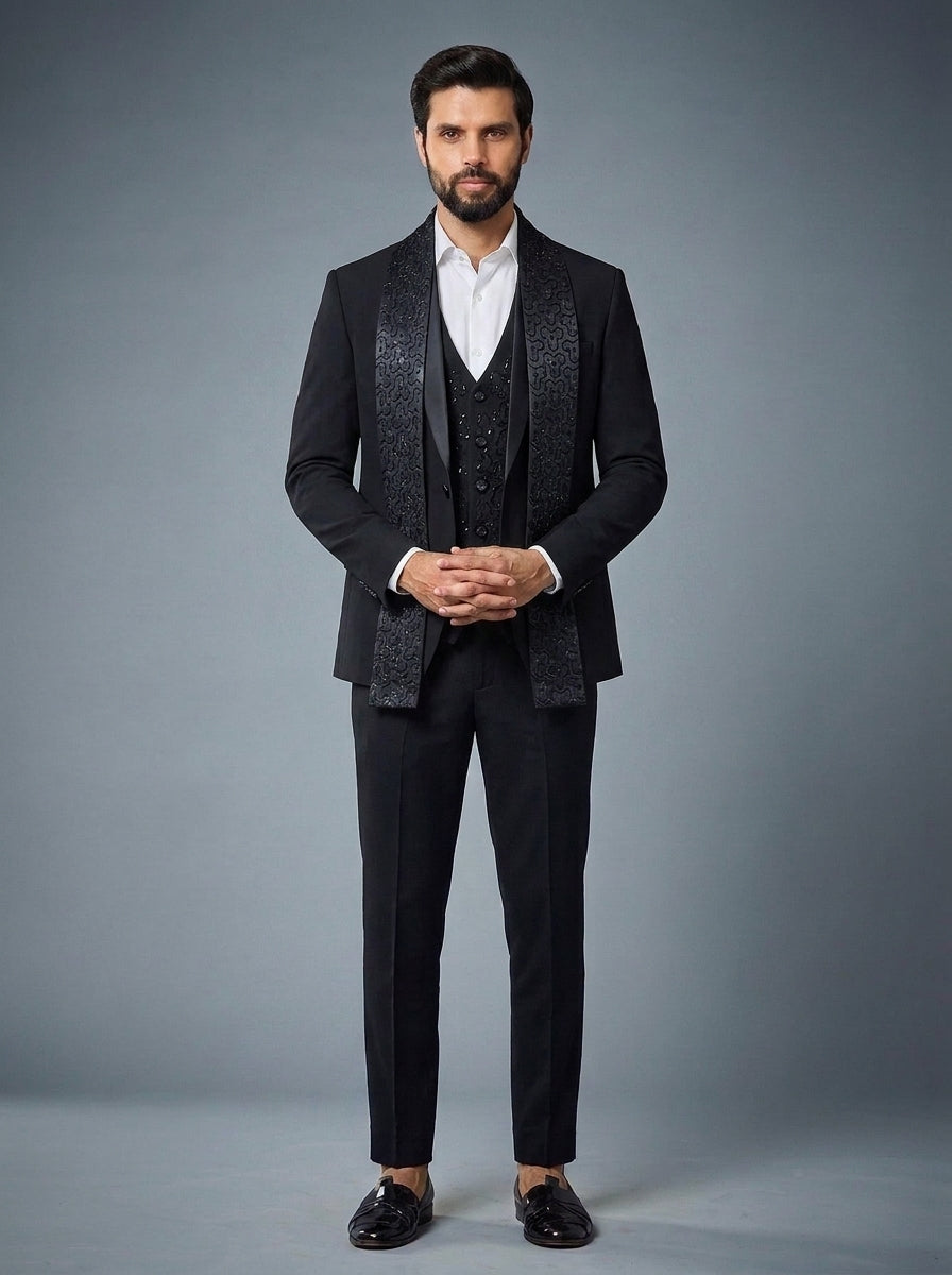 Club AK Men's Luxury Black Indo-Western Suit with Embellished Stole and Formal Trousers