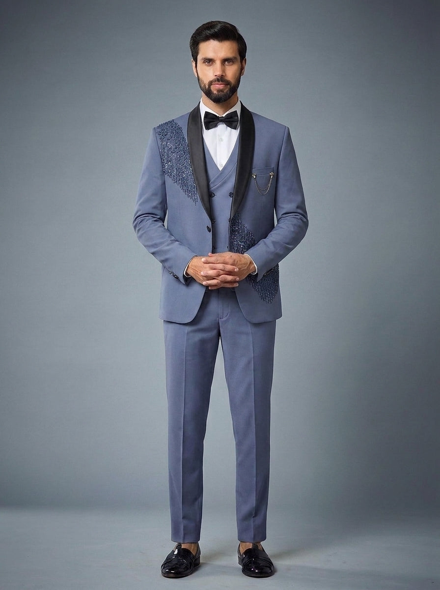 Club AK Men's Luxury Sky Blue Tuxedo Suit with Designer Embroidery and Satin Lapel
