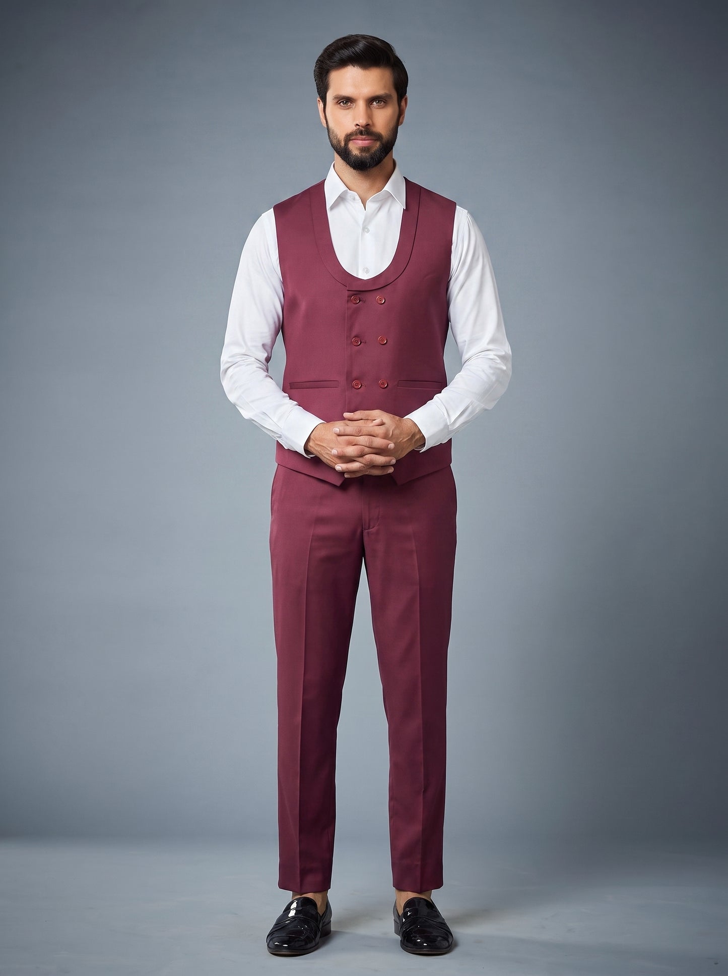 Club AK Men's Luxury Wine Tuxedo Suit with Designer Embroidered Blazer and Waistcoat