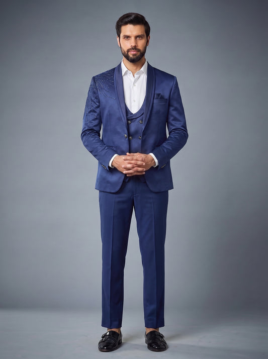 Club AK Men's Luxury Three Piece Tuxedo Suit with Embellished Shoulder Design