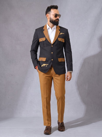 Club AK Premium Men's Black Blazer with Mustard Trouser for Party & Reception
