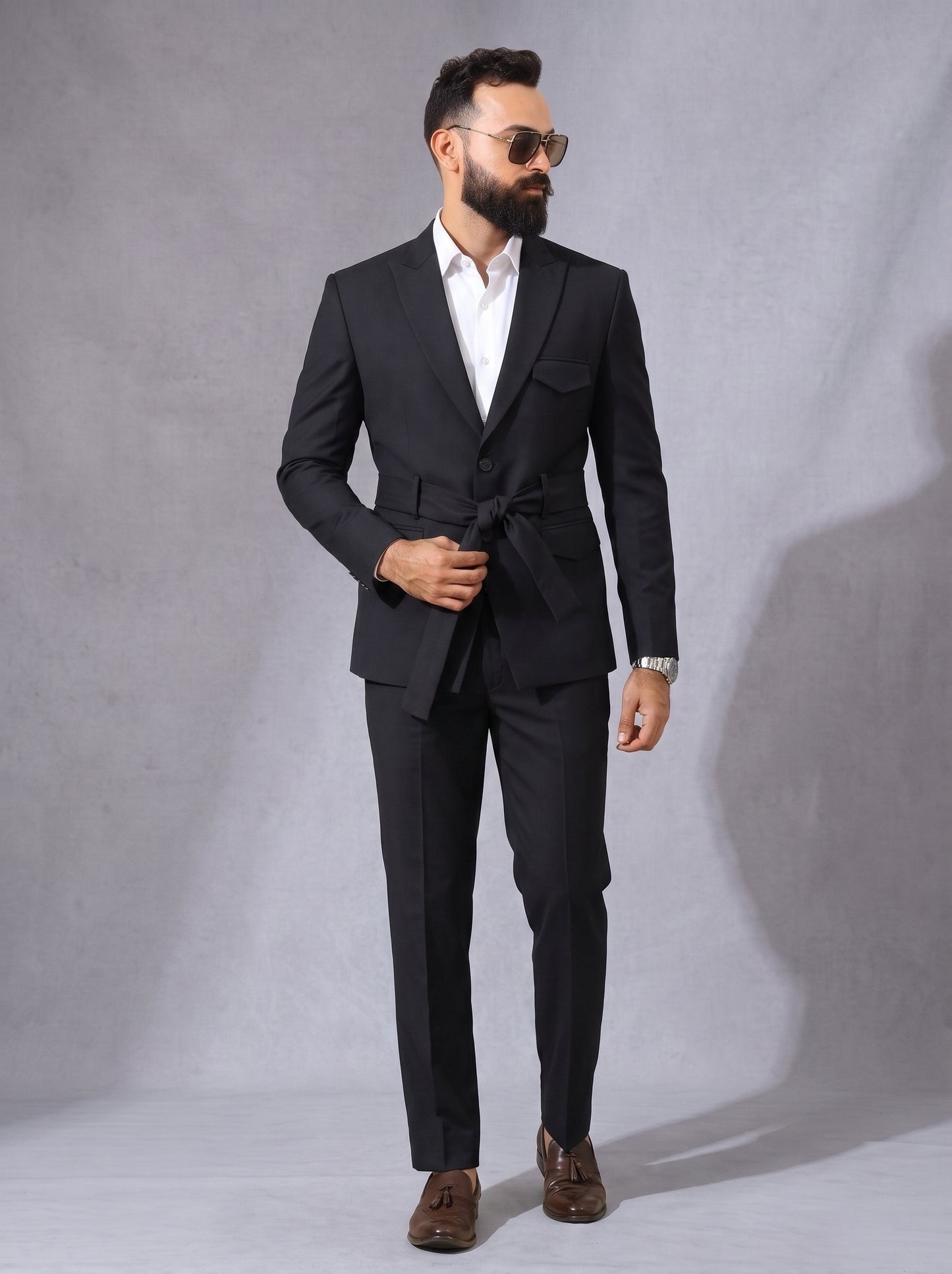 Club AK Men's Luxury Black Belted Blazer Suit Set for Formal and Party Wear