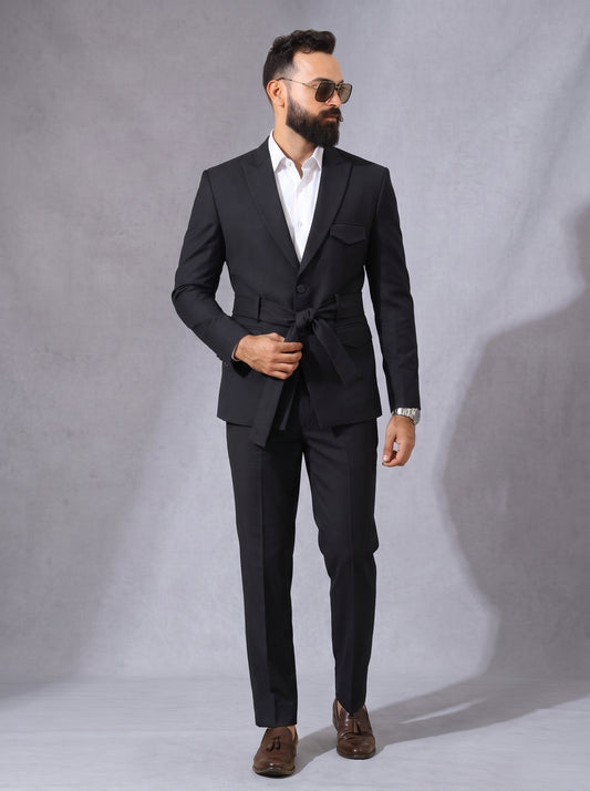 Club AK Men's Luxury Black Belted Blazer Suit Set for Formal and Party Wear
